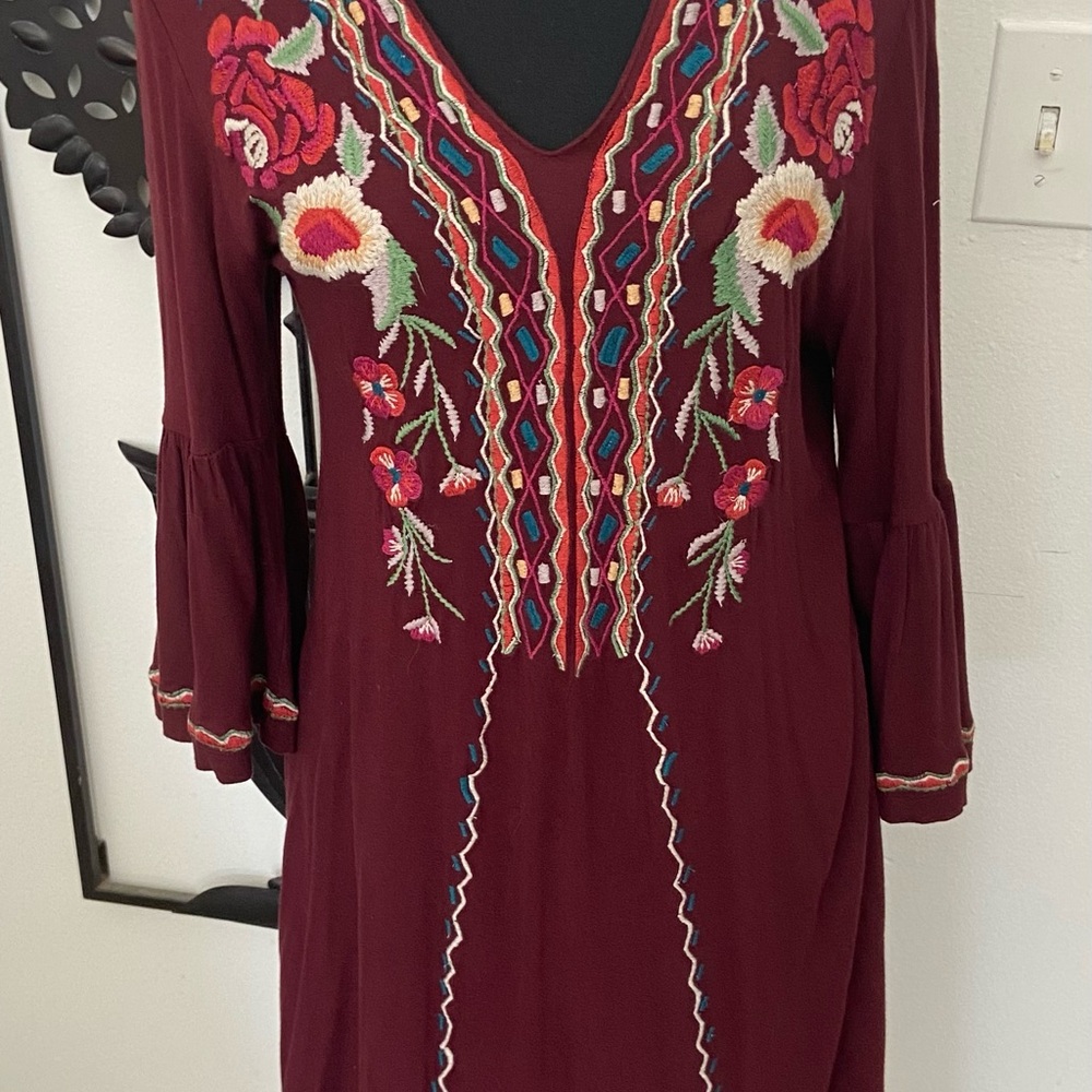 Embroidered Burgundy Boho Dress - Picture 2 of 4